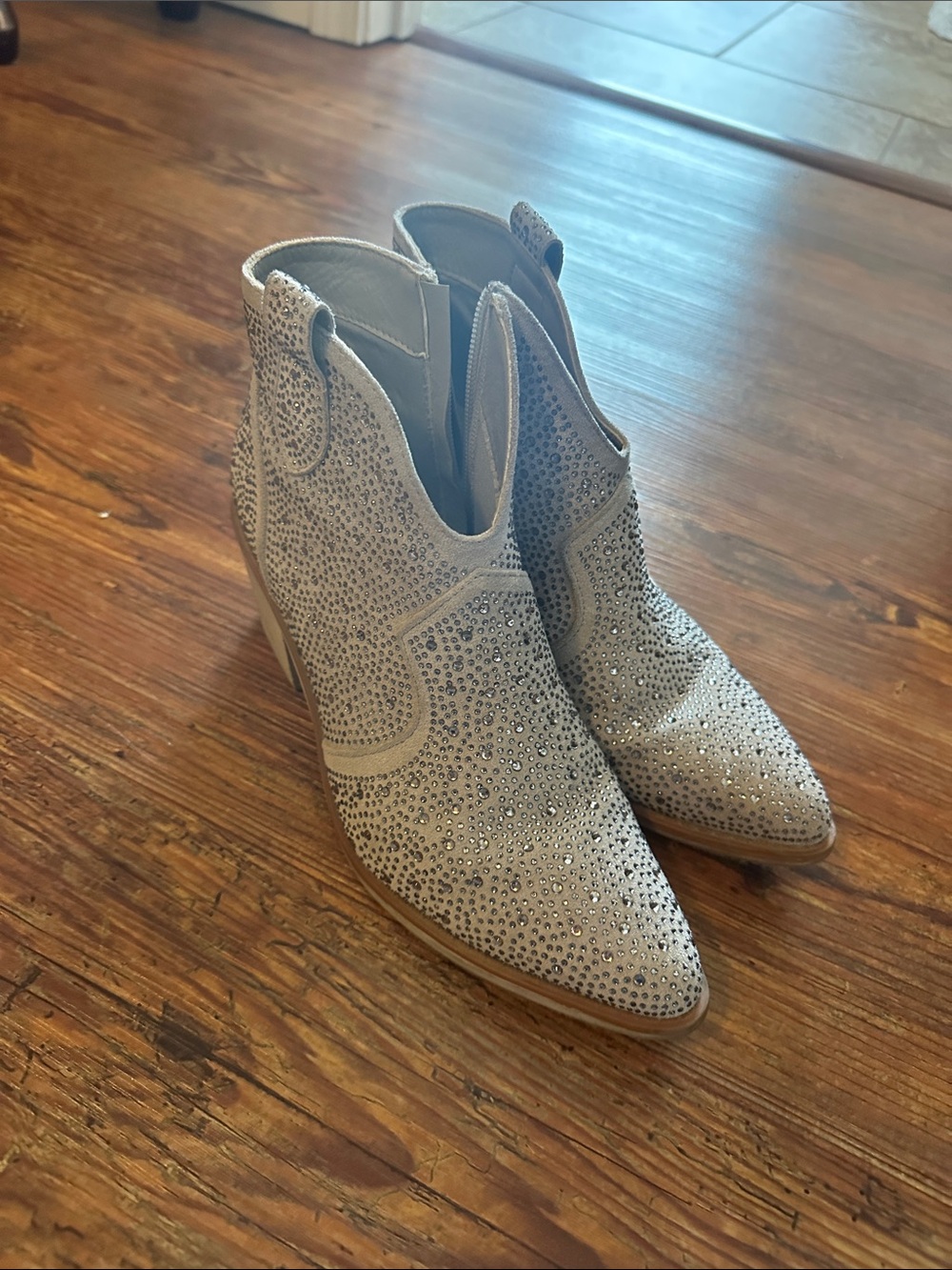 Pierre Dumas Taupe Suede Rhinestone Ankle Booties